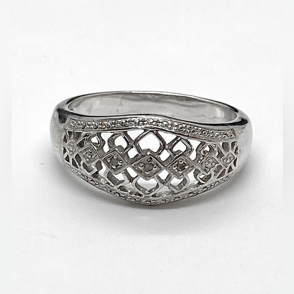 Vtg 925 Sterling Silver & Diamond Domed Lattice Open Design Ring  RJ 925 | Sz 11